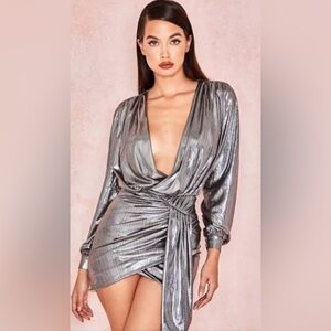 House Of CB London Size XS Gunmetal Silver Metallic Alvona Drape Mini Dress NEW!